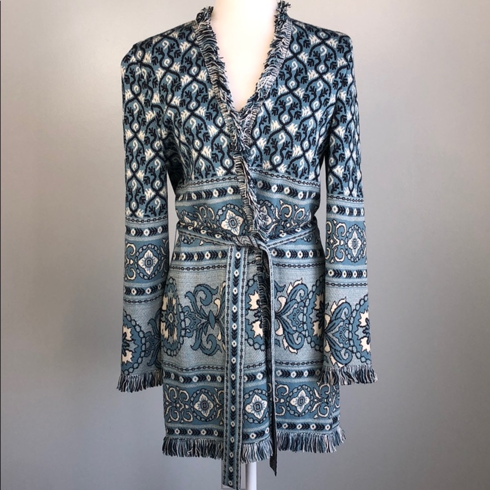 ST. JOHN Blue Knit Belted Cardigan Sweater Jacket